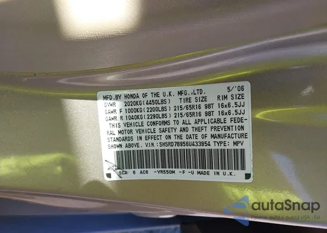 2006 Honda Cr-V Se from USA, damaged, VIN SHSRD78956U433954